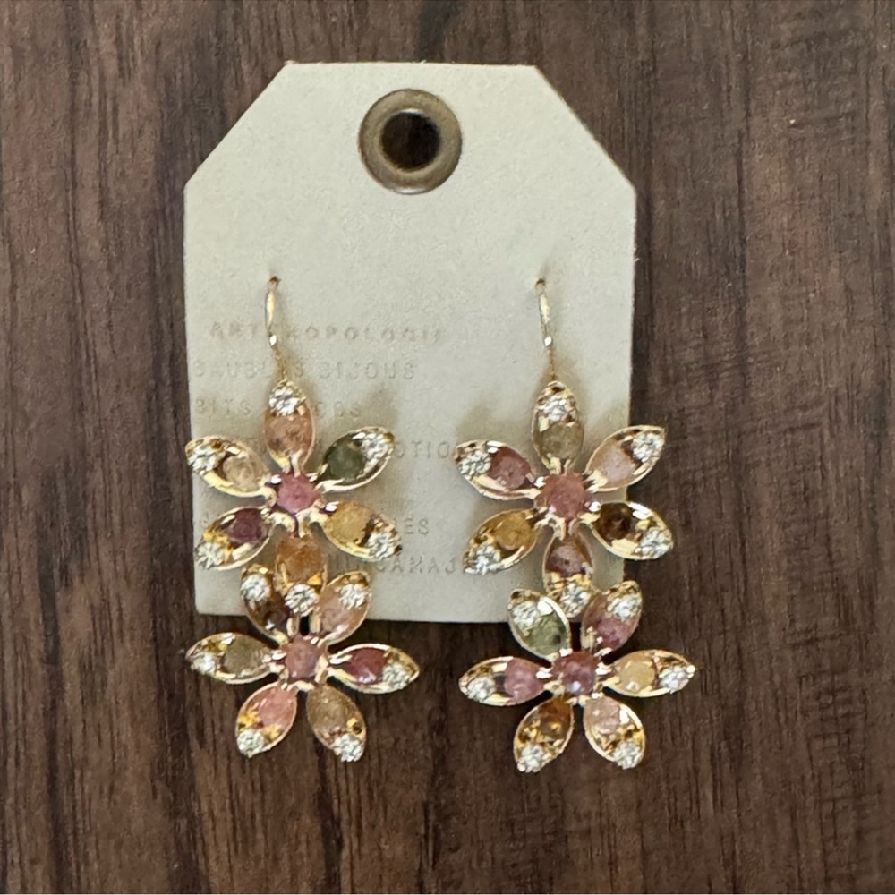 Anthropologie 14 k gold plated crystal flower earring